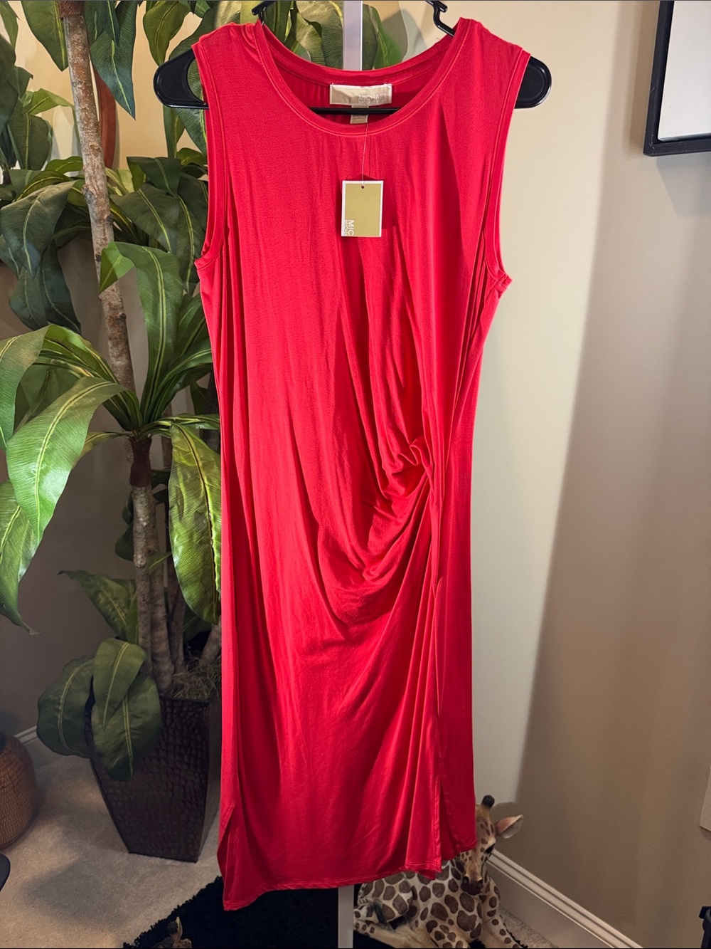 Red Sleeveless Draped Midi Dress -Ruched side with small side splits. Size M New